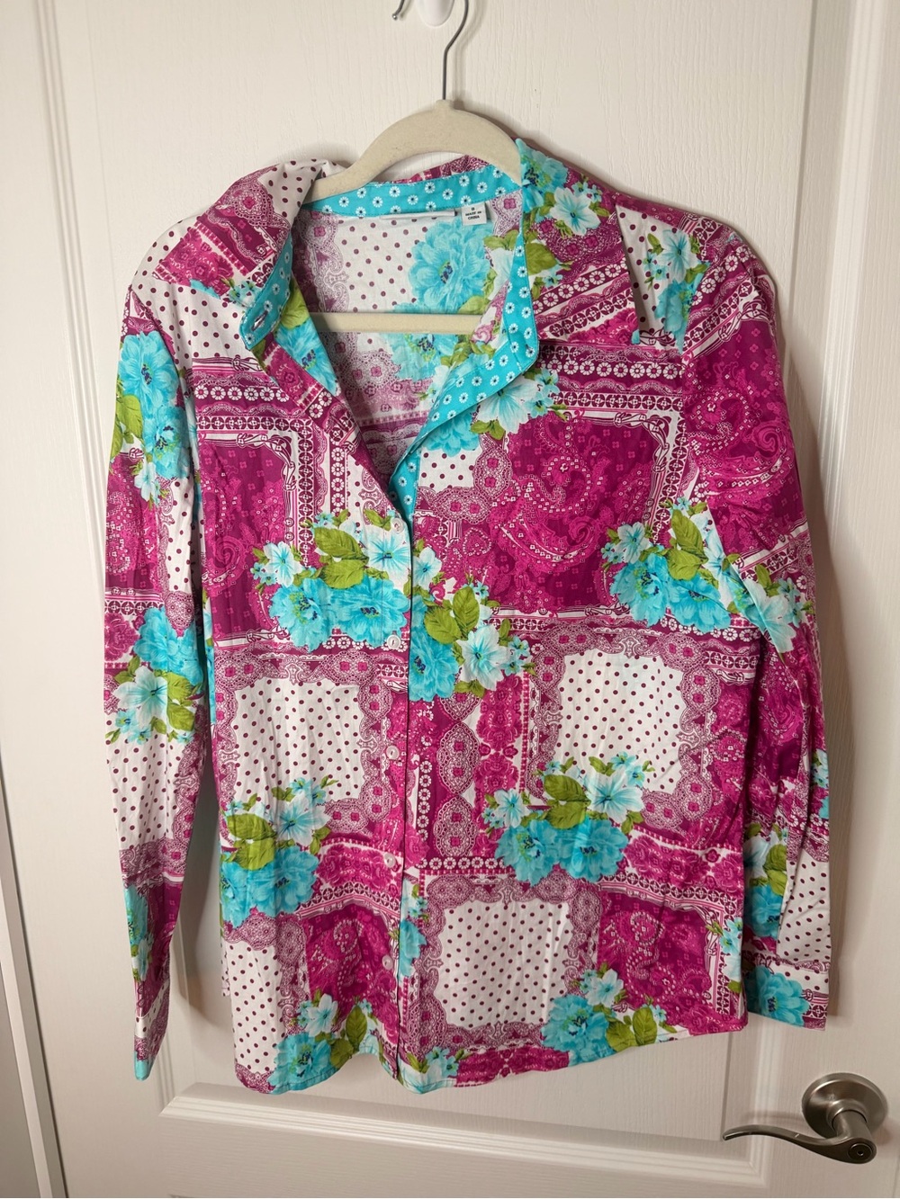 Susan Graver Pink Patchwork Floral Button-Up Jacket with Blue Accents